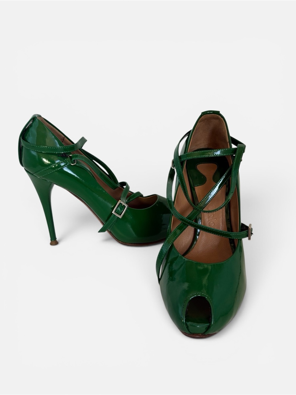 Chloe Green Patent Leather Peep-Toe Strappy Heels - Picture 2 of 5